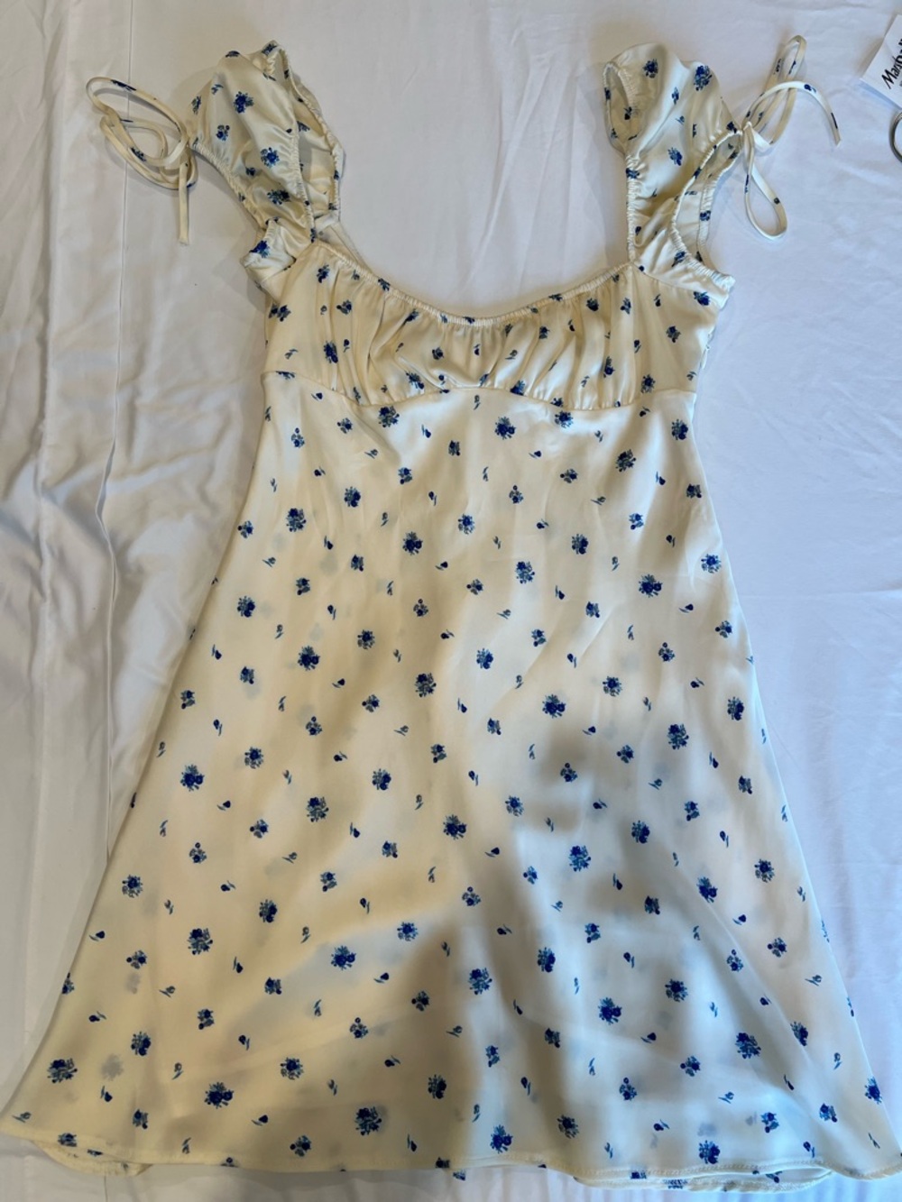 Zara Cream Mini Dress with Blue Floral Print fits like a size small